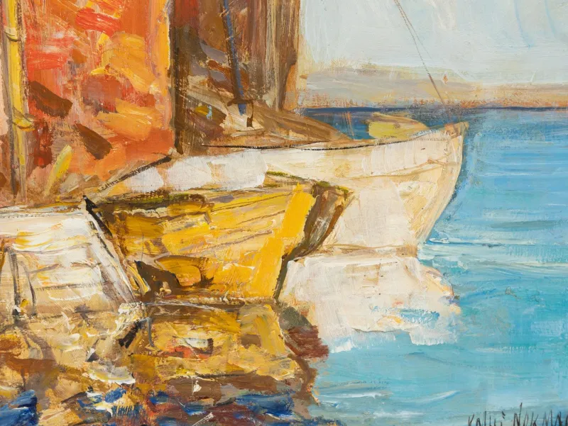 Pamono Fishing Boats in Venice, Oil on Panel, Framed> Impressionist