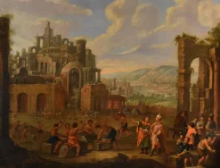 Best Pamono Flemish Artist, Landscape with Tower of Babel, 17th-18th Century, Oil on Canvas, Framed