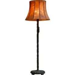 Pamono Floor Lamp in Hand-Carved Wood with Leather Shade, Early 20th Century> Floor Lamps