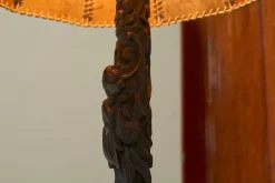 Pamono Floor Lamp in Hand-Carved Wood with Leather Shade, Early 20th Century><noscript><img width=