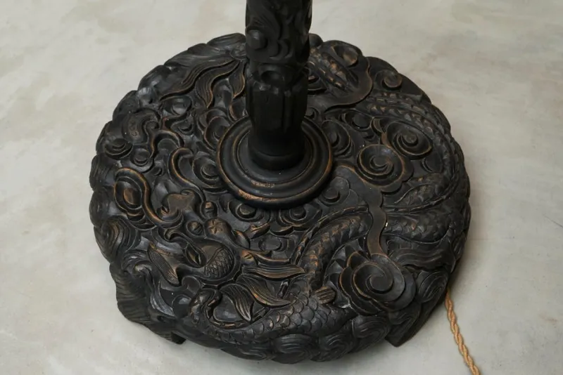 Pamono Floor Lamp in Hand-Carved Wood with Leather Shade, Early 20th Century> Floor Lamps