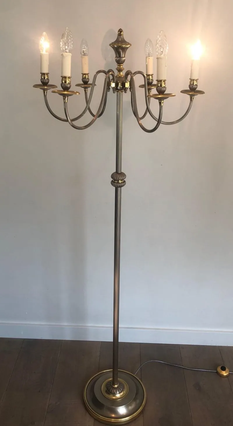 Pamono Floor Lamp in Silver Metal and Brass with 6 Arms, 1920s> Floor Lamps