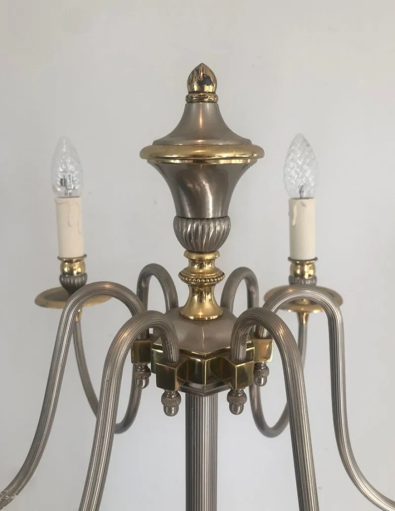 Pamono Floor Lamp in Silver Metal and Brass with 6 Arms, 1920s> Floor Lamps