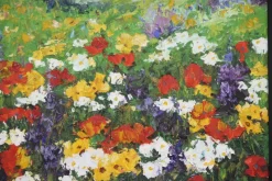 Pamono Flower Field with Red Poppy Flowers, 1980s, Oil on Canvas, Framed><noscript><img width=