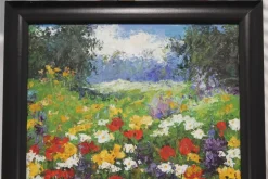 Pamono Flower Field with Red Poppy Flowers, 1980s, Oil on Canvas, Framed><noscript><img width=