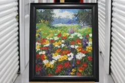 Pamono Flower Field with Red Poppy Flowers, 1980s, Oil on Canvas, Framed><noscript><img width=