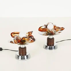 Best Pamono Flower Murano Glass Table Lamps in Chrome and Leather from Mazzega, 1970s, Set of 2