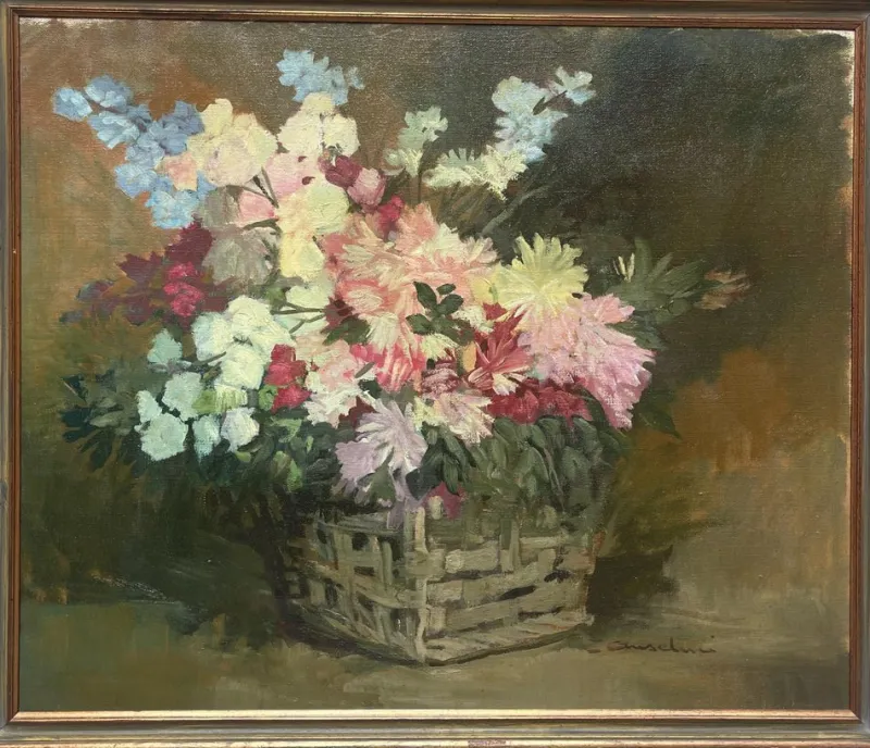 Hot Pamono Flowers, Oil Painting on Canvas, 20th Century