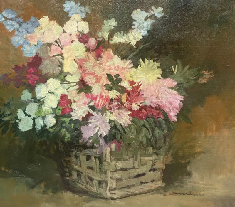 Hot Pamono Flowers, Oil Painting on Canvas, 20th Century