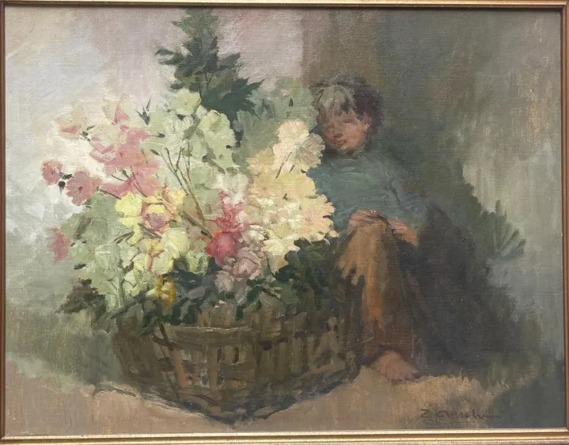 Pamono Flowers with Child, 20th Century, Oil Painting on Canvas> Painting