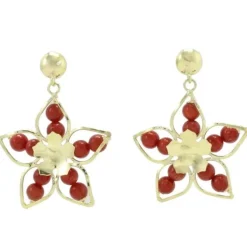 Pamono Flower-Shaped 18 Karat Yellow Gold Dangle Earrings with Red Ebony Spheres, Set of 2> Earrings