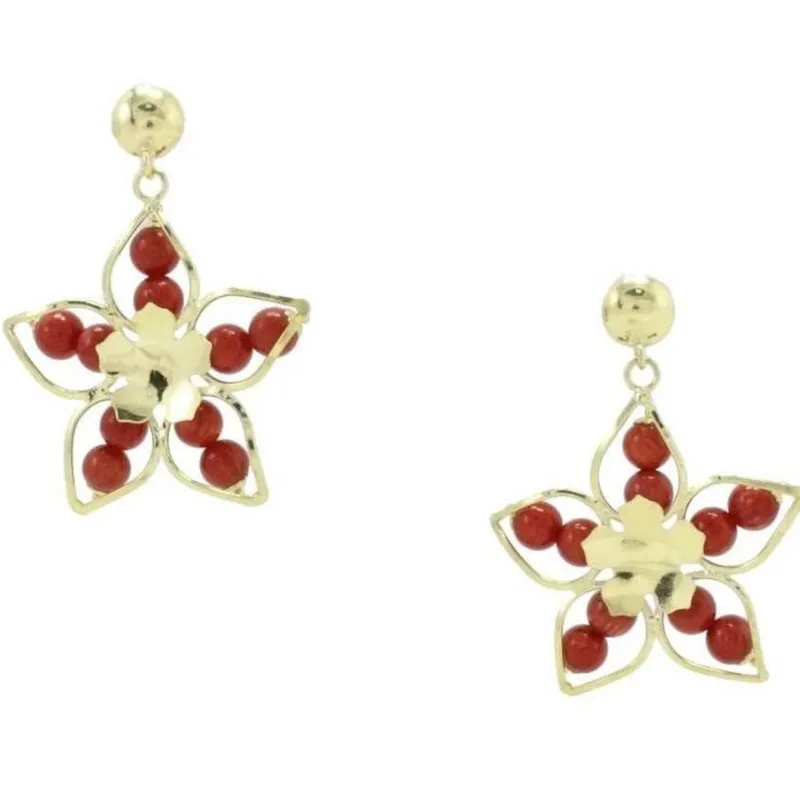 Pamono Flower-Shaped 18 Karat Yellow Gold Dangle Earrings with Red Ebony Spheres, Set of 2> Earrings