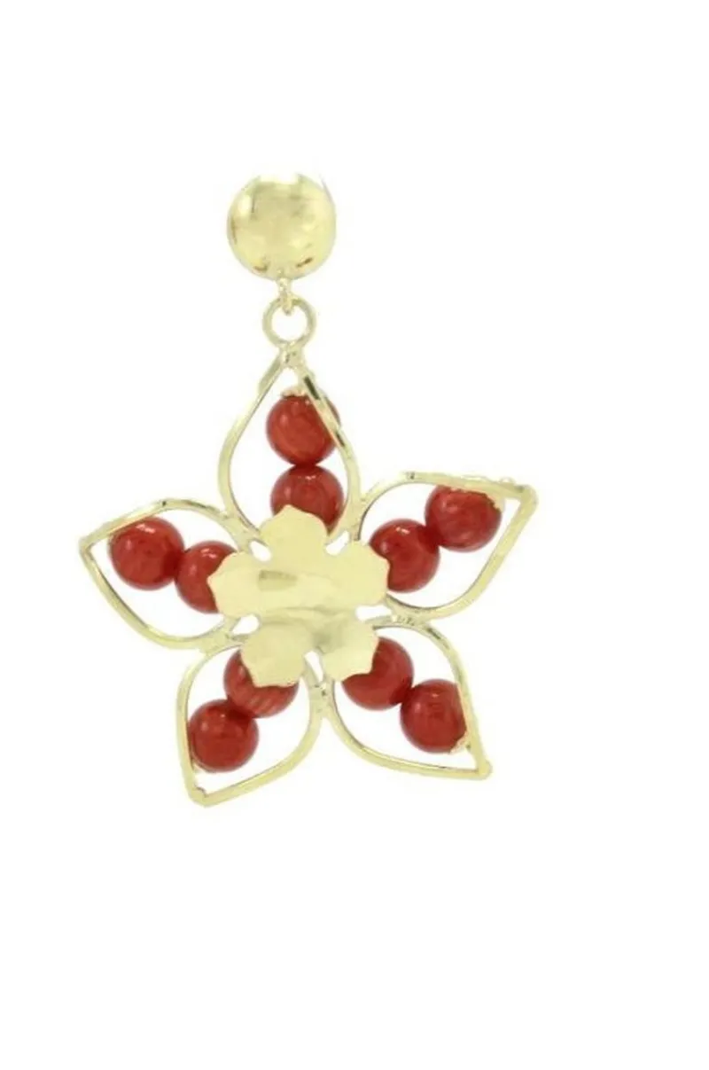 Pamono Flower-Shaped 18 Karat Yellow Gold Dangle Earrings with Red Ebony Spheres, Set of 2> Earrings