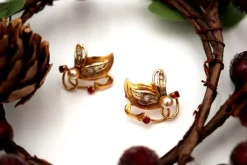 Pamono Flower-Shaped Gold Earrings with Diamond Chips, Set of 2> Earrings
