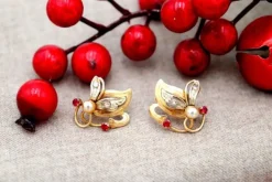 Pamono Flower-Shaped Gold Earrings with Diamond Chips, Set of 2><noscript><img width=