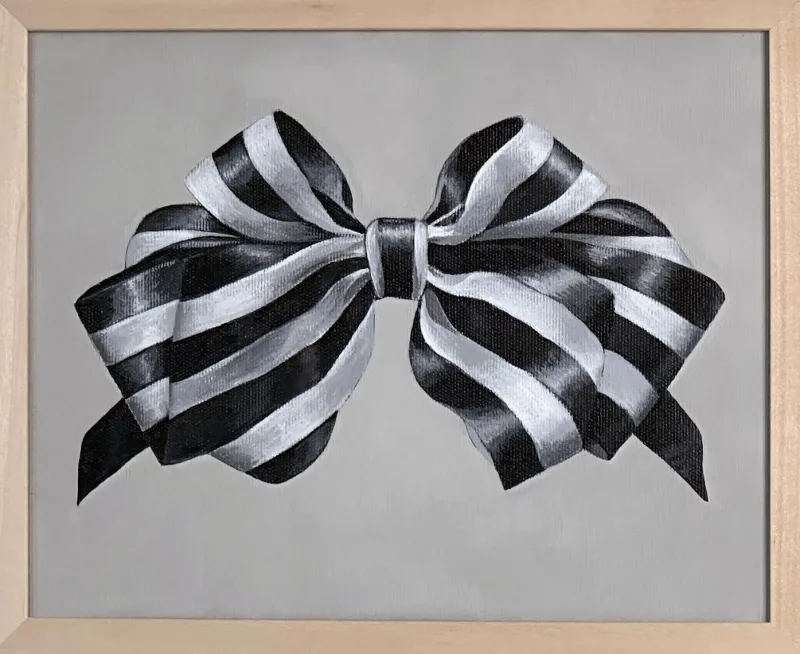 Pamono Fluffy Ribbon Painting Black & WHite Striped Bow, Minimal Elegant With Frame> Minimalist
