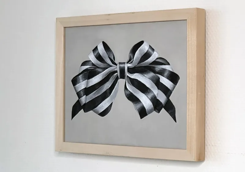Pamono Fluffy Ribbon Painting Black & WHite Striped Bow, Minimal Elegant With Frame> Minimalist