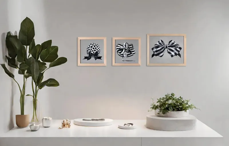 Pamono Fluffy Ribbon Painting Black & WHite Striped Bow, Minimal Elegant With Frame> Minimalist