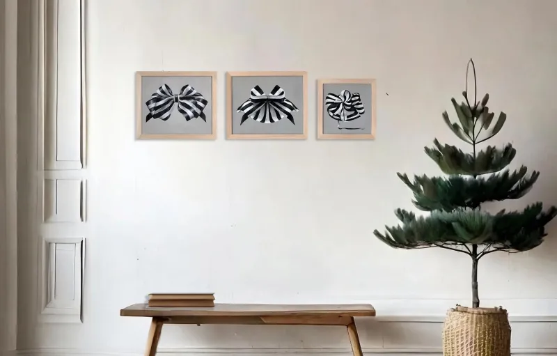 Pamono Fluffy Ribbon Painting Black & WHite Striped Bow, Minimal Elegant With Frame> Minimalist