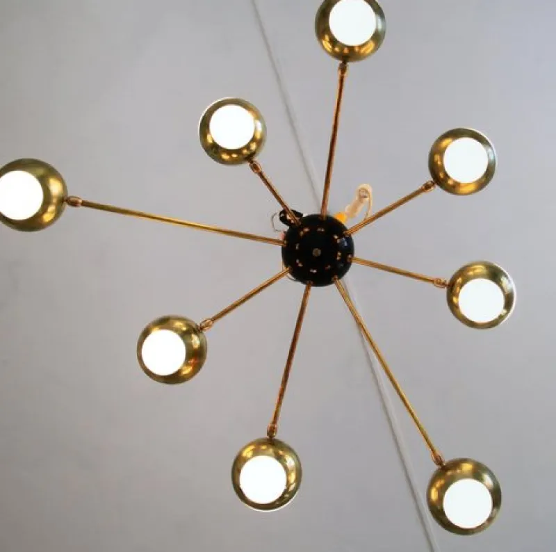New Pamono Flush Mount Brass and Glass Chandelier by Silvio Piattelli