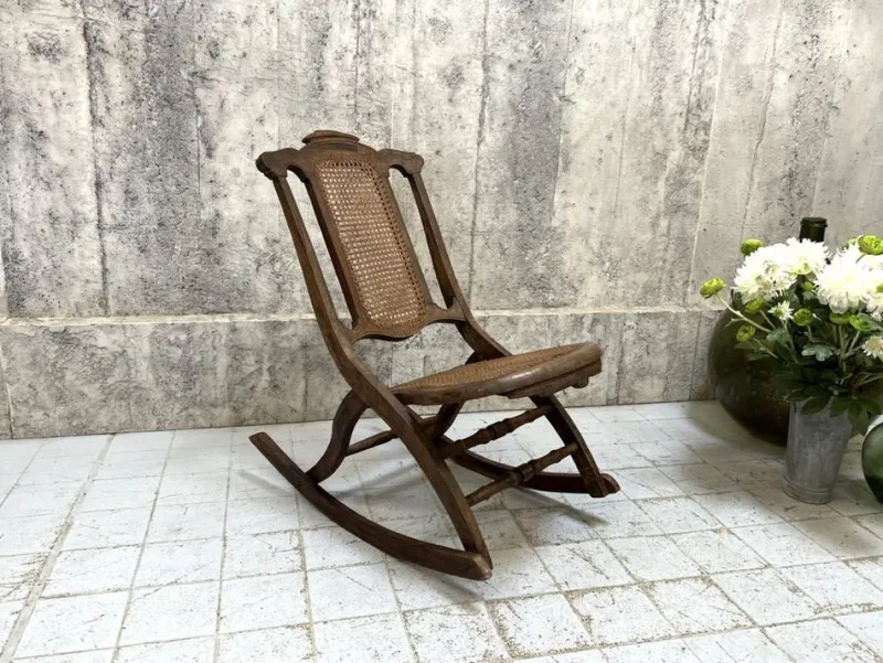Pamono Folding Low Cane Rocking Chair> Rocking Chairs