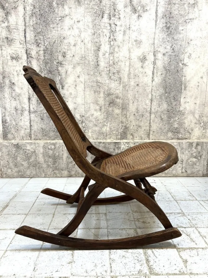 Pamono Folding Low Cane Rocking Chair> Rocking Chairs