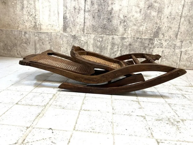 Pamono Folding Low Cane Rocking Chair> Rocking Chairs