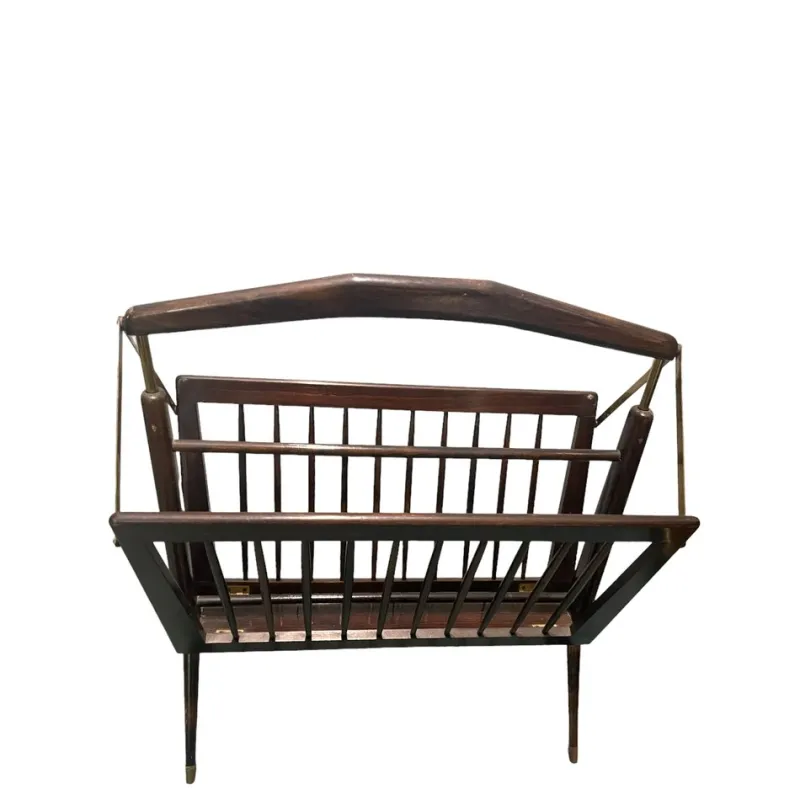 Pamono Folding Magazine Rack in Stained Wood and Brass by Cesare Lacca, Italy, 1950s> Magazine Racks