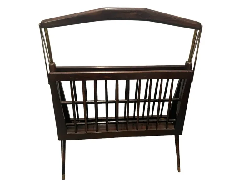 Pamono Folding Magazine Rack in Stained Wood and Brass by Cesare Lacca, Italy, 1950s> Magazine Racks