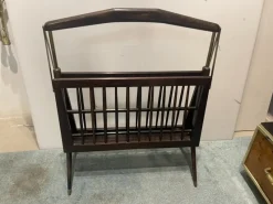 Pamono Folding Magazine Rack in Stained Wood and Brass by Cesare Lacca, Italy, 1950s><noscript><img width=