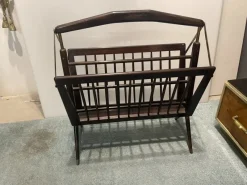 Pamono Folding Magazine Rack in Stained Wood and Brass by Cesare Lacca, Italy, 1950s><noscript><img width=