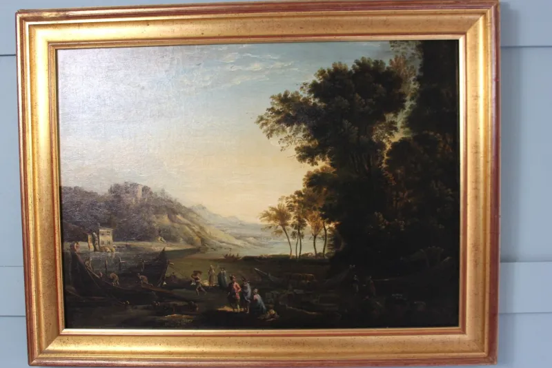 Pamono Follower of Claude Lorrain, Merchants on the River Po, 1800s, Oil on Canvas> Old Masters