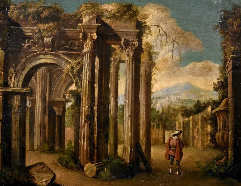 Pamono Follower of Niccolò Codazzi, Capricci Landscapes, 1700, Oil on Canvases, Framed, Set of 2> Old Masters|Classical
