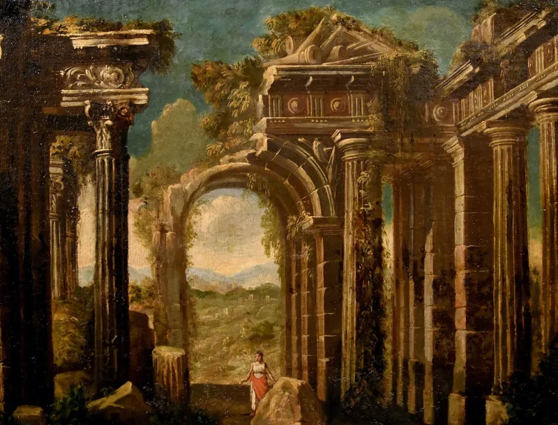 Pamono Follower of Niccolò Codazzi, Capricci Landscapes, 1700, Oil on Canvases, Framed, Set of 2> Old Masters|Classical