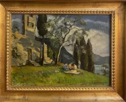 Best Pamono Fossombrone, Landscape with Figures, 20th Century, Oil Painting on Panel, Framed