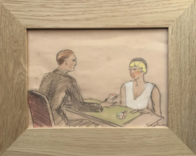 Pamono France Lambert, The Card Game, 1925, Signed Watercolor> Work On Paper