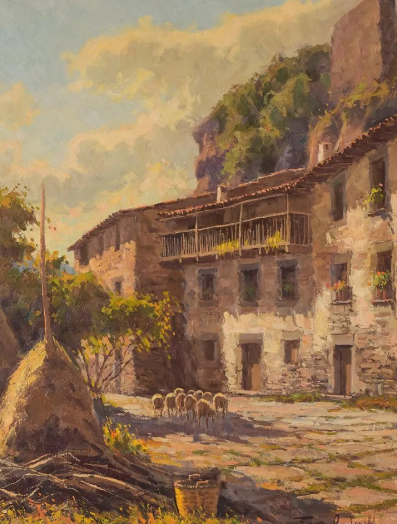 New Pamono Francesc Carbonell Massabe, Farmyard with Sheep, 20th-Century, Oil on Canvas, Framed