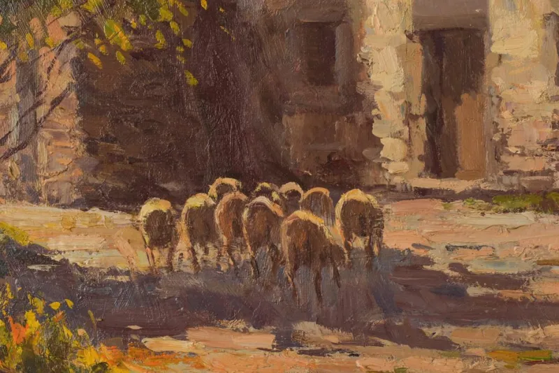 New Pamono Francesc Carbonell Massabe, Farmyard with Sheep, 20th-Century, Oil on Canvas, Framed