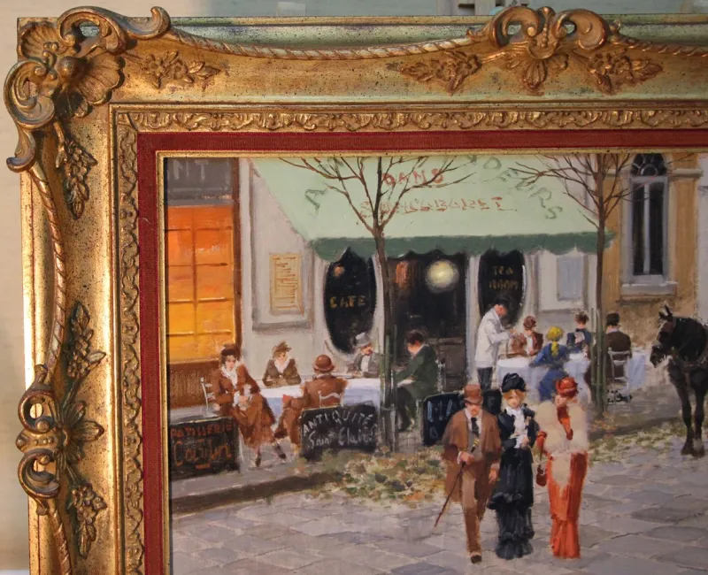 Pamono Francesco Tammaro, Paris Café Scene, 1980s, Oil on Plywood, Framed> Impressionist