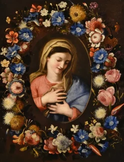 Pamono Francesco Trevisani & Niccolò Stanchi, Garland of Flowers Still Life with Virgin, 1600s, Oil on Canvas><noscript><img width=