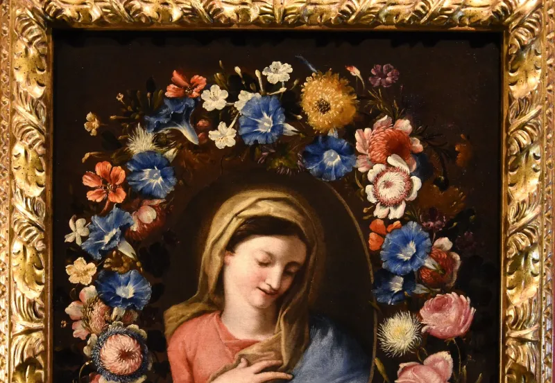 Pamono Francesco Trevisani & Niccolò Stanchi, Garland of Flowers Still Life with Virgin, 1600s, Oil on Canvas> Old Masters|Classical