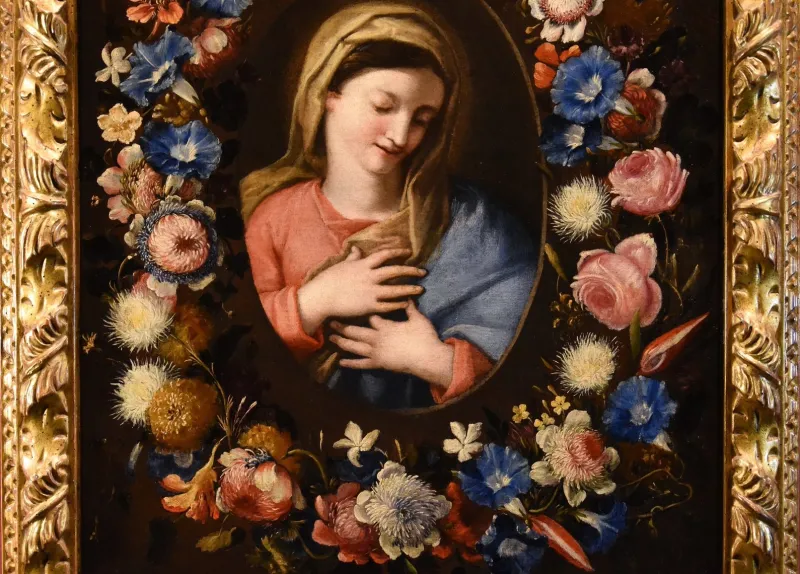 Pamono Francesco Trevisani & Niccolò Stanchi, Garland of Flowers Still Life with Virgin, 1600s, Oil on Canvas> Old Masters|Classical