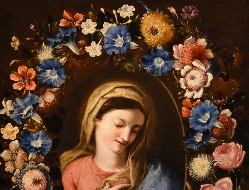 Pamono Francesco Trevisani & Niccolò Stanchi, Garland of Flowers Still Life with Virgin, 1600s, Oil on Canvas> Old Masters|Classical