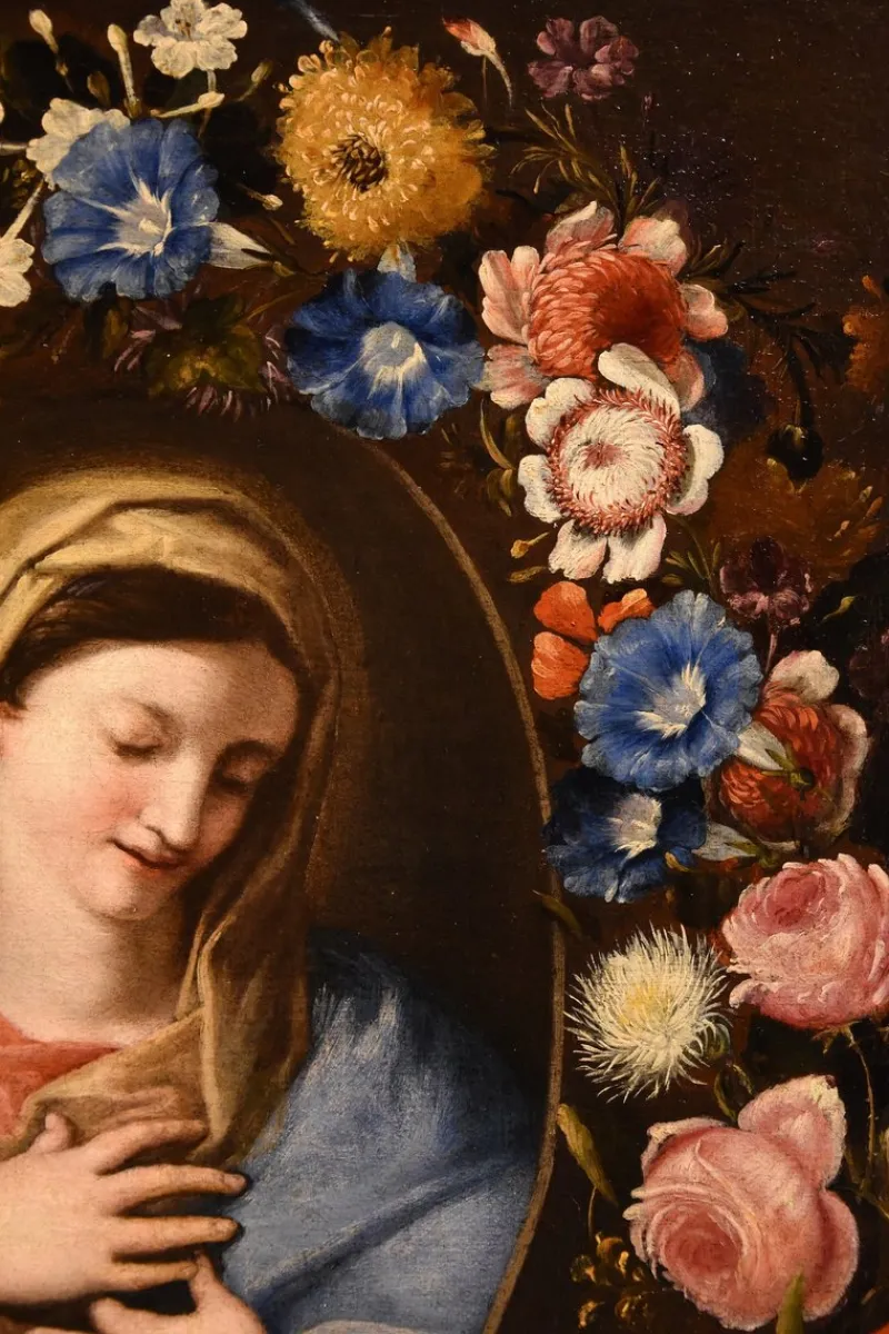 Pamono Francesco Trevisani & Niccolò Stanchi, Garland of Flowers Still Life with Virgin, 1600s, Oil on Canvas> Old Masters|Classical