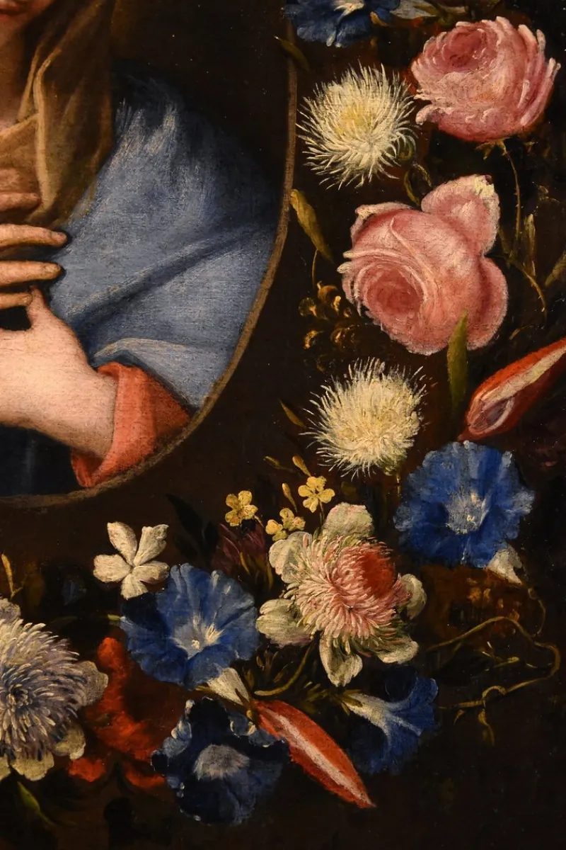 Pamono Francesco Trevisani & Niccolò Stanchi, Garland of Flowers Still Life with Virgin, 1600s, Oil on Canvas> Old Masters|Classical