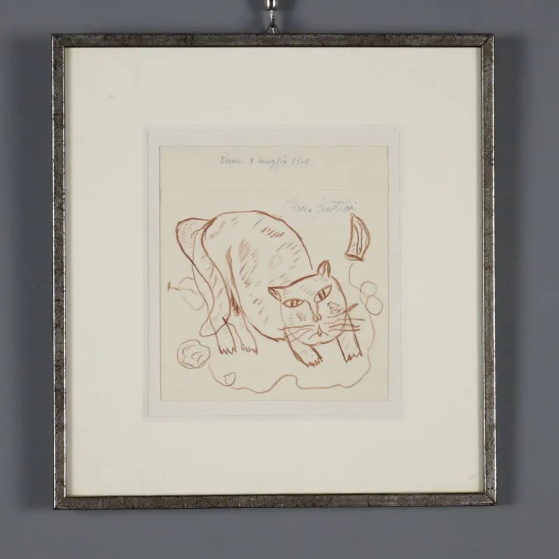 Pamono Franco Gentilini, Cat, Pencil Drawing> Work On Paper