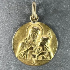 Best Pamono French 18 Karat Yellow Gold Jesus Christ Communion Medal Charm Pendant by Lasserre, 1930s