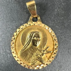 Best Pamono French 18 Karat Yellow Gold Saint Therese Charm Medal Pendant, 1950s