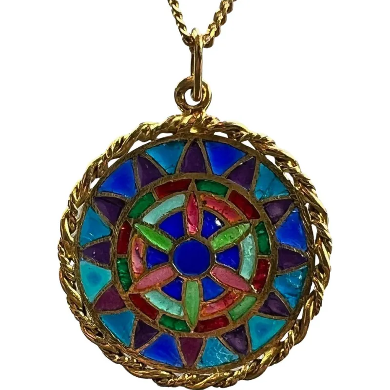 Pamono French 18 Karat Yellow Gold and Enamel Window Plique a Jour Pendant Medal, 1950s> Necklaces