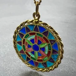 Pamono French 18 Karat Yellow Gold and Enamel Window Plique a Jour Pendant Medal, 1950s> Necklaces